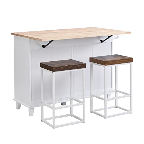 Image of Farmhouse Rustic Dining Table Set with Drop Leaf and 2 Stools,Kitchen Island Set with 4 Drawers,Towel Rack and Storage Cabinet,for Small Places Furniture (White+Rustic Brown#F)