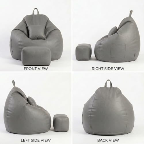 Image of KAM'S LIEU 5XL Luxury Faux Leather Bean Bag with Footrest & Cushion | Pre-Filled High-Density Polystyrene Beans | Premium Leatherette | 6 Months Warranty Color- (Grey, Without Footrest)