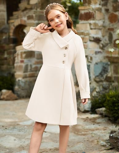 Image of GRACE KARIN Girls Dress Coat Kids Wool Lapel Long Button Jackets Fall Winter Outerwear Peacoat with Pockets 5-12Y