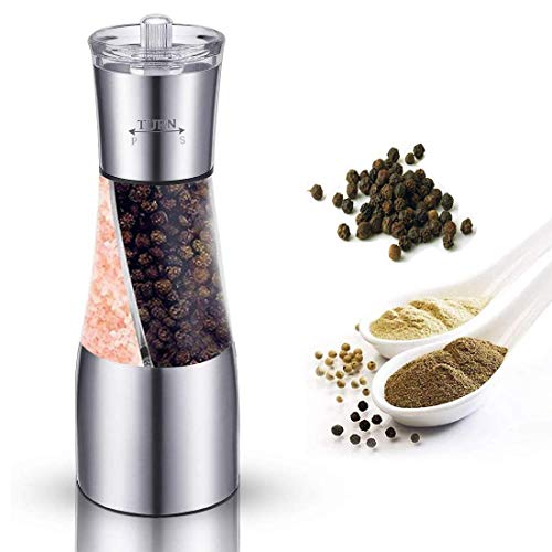 Molinillo eléctrico de sal y pimienta con grosor de cerámica ajustable, acero inoxidable y cuerpo de vidrio.