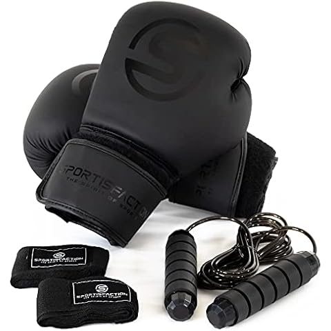 Sportisfaction Boxhandschuhe 8oz inkl. Bandagen und Springseil - ideal auch für Anfänger - Thai Boxen, Kickboxhandschuhe schwarz für Kinder Cover