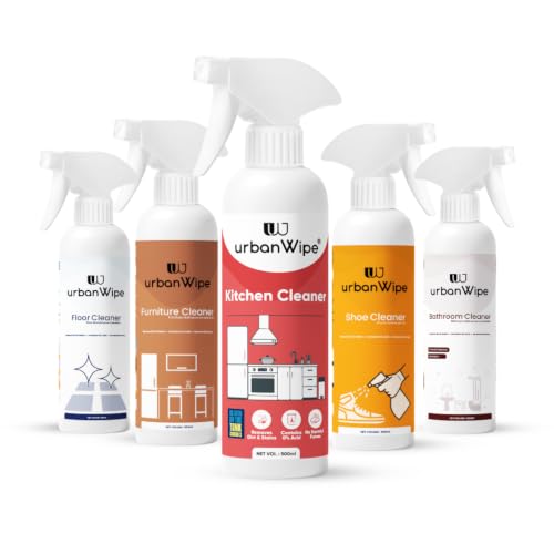 Image of UrbanWipe All In One Home Cleaning Combo Pack of 5 (500Ml Each) | Multi Surface Cleaner for Kitchen, Bathroom, Floor, Glass, Tiles, Furniture & Shoe Care | Cleaning Kit for Complete Home Care