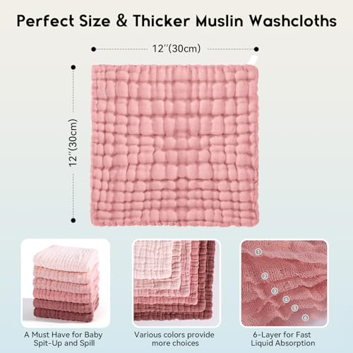 Image of Unnivoll Muslin Burp Cloths Baby 12''X12'', Baby Washcloths 6 Pack, 100% Cotton Baby Wash Cloths Absorbent and Soft for Newborn Infants Kids Boys Girls - Gradient Pink