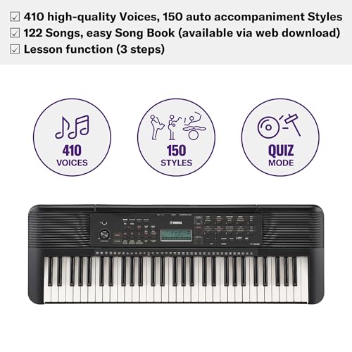 Yamaha PSR-E283 Teclado portátil para principiantes, con 410 voces de instrumentos, 150 estilos de acompañamiento y 122 canciones, incluye 2 clases online con un profesor de Yamaha Music School