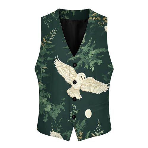 Owls Flying Moonlight Ferns Leaves Casual Suit Vest for Men Formal Business Dress Regular Fit Waistcoat Tuxedo3
