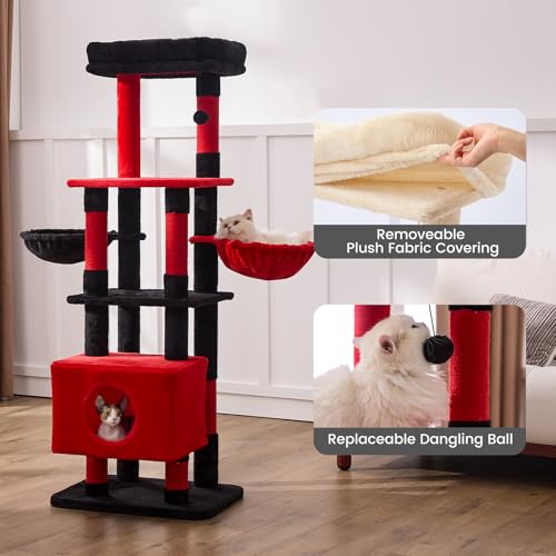 Image of Gardner Pet 65in Heavy Duty Cat Tree Tower for Large Cats, Multi-Level Cat Furniture with Replaceable Sisal Scratching Post, Hammock | Extra-Large Platform & Condo (Black Red, Basic φ:2.84 inch)