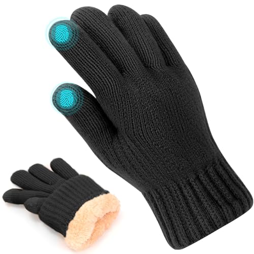 Risipu Herren Winter Touchscreen Handschuhe Thermal Warm Knit Touchscreen Handschuhe für Damen Soft Fleece gefüttert Handschuh für Skifahren Laufen (Schwarz, L)