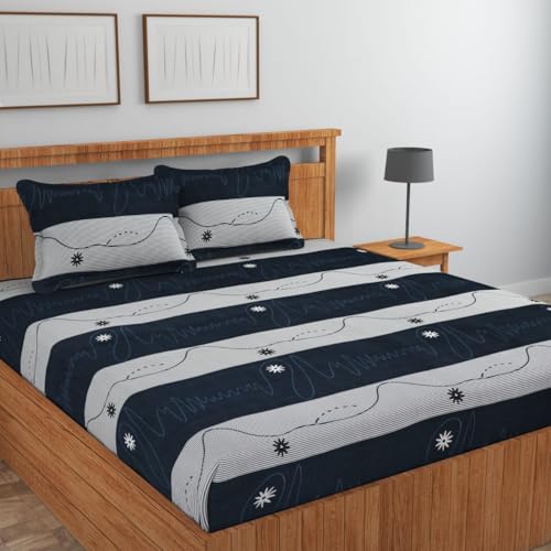Image of NHD HOME Premium Cotton Feel Polycotton Elastic Fitted King Size Double Bedsheets with 2 Pillow Covers | All Around Elastic 210 TC Super Soft | Size - 72 King Size x 78+10 inches | White Blue