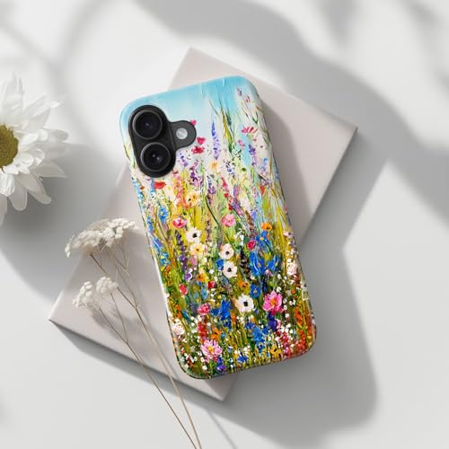 Image of Goodon for iPhone 16 Plus Case Cute - Wireless Charging Compatible - Dual-Layer Hard Shell + Silicone Cover - Protective Phone Case with Trendy Designs for Women - Wildflowers Painting