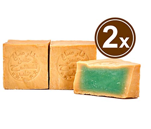 Carenesse Jabón natural de Alepo, original, 2 x 200g cada una, hechos a mano, veganos, con 85% de aceite de oliva y 15% de aceite de laurel, sin productos químicos ni plásticos, para ducha y pelo