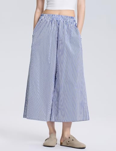 Image of LOMON Womens Wide Leg Capri Pants Gingham Plaid Culottes Summer Elastic Waist Palazzo Trousers Bottoms with Pockets