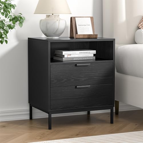 Skokliz Black Nightstand with 2 Drawers and Open Shelf- Wood Modern Night Stands, End Table for Sofa, Space-Saving Bedside Table for Bedroom, Dorm, or Small Spaces by Skokliz - Used condition - CA$55.38