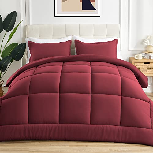 Sonive Twin Comforter,Quilted Duvet All Season Down Alternative Bedding Duvet Insert Soft Fluffy Breathable Microfiber 200gsm with 8 Corner Tabs Easy Care Burgundy