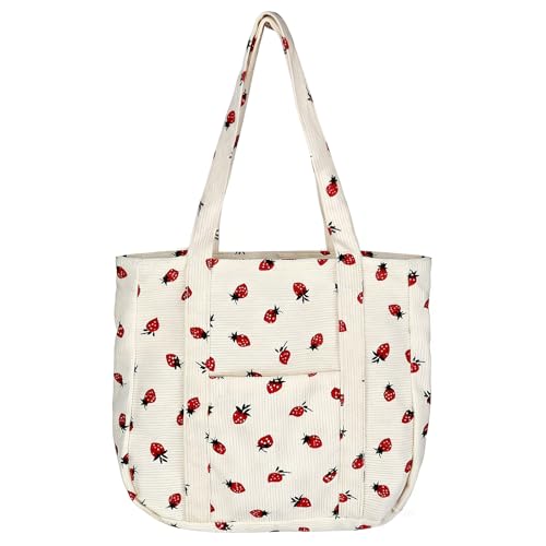 Rzspher Bolso de hombro con estampado de fresa, bolsa de transporte de pana con cremallera reutilizable de gran capacidad ligera bolsa de transporte para trabajo playa viajes compras y oficina