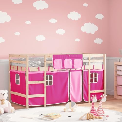 XHNIFBN Lit mezzanine pour enfant rose 80 x 200 cm en pin massif avec rideaux protection anti-chute 205,5 x 85,5 x 113,5 cm Lit de jeu pour garçons et filles...