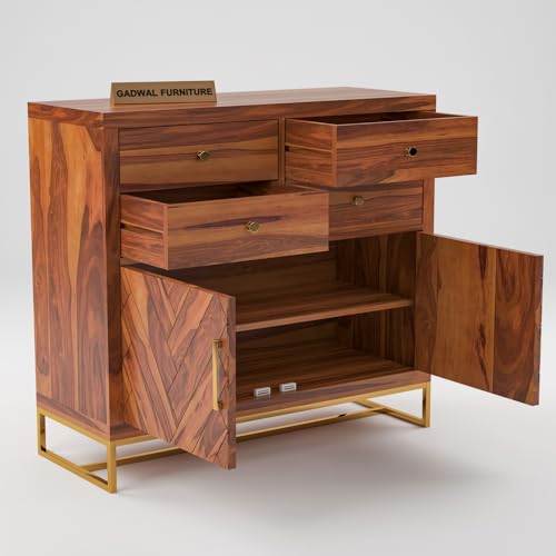 Image of Solid Sheesham Wooden Sideboard Cabinet with 4 Drawer & 2 Shelves - Chest of Drawers Wooden Drawer Storage Cabinet for Bedroom Living Room Storage (Owan, Honey Finish)