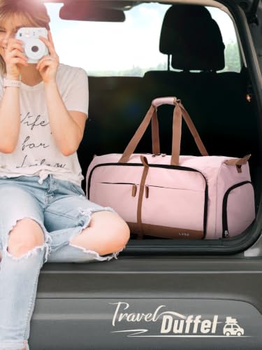 Image of Lekesky Foldable Travel Duffel Bag for Women, 80L Large Duffle Bag with Separate Shoes Compartments & Straps, Carry On Weekend Bag for Women, Hospital, Overnight(Pink)