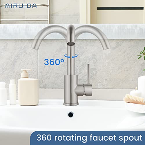 Airuida Brushed Nickel Bar Sink Sink Faucet Single Hole Small Rv Kitchen Sink Faucet Single Handle Bathroom Deck Mount Sus304 One Hole Mixer Tap 360 Degree Swivel Spout Lavatory Sink Faucet #TOP7