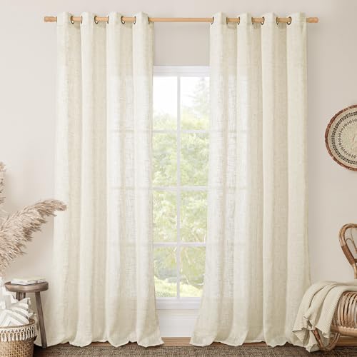 Image of LAMIT Natural Cream Ivory Long Linen Curtains for Living Room, 108 inches Long Bronze Grommet Light Filtering Window Textured Neutral Sheer Drapes for Bedroom Farmhouse, 2 Panels, 52 x 108 Inch