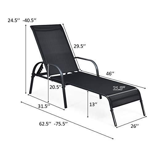 Image of Giantex 2 Pack Patio Lounge Chair, Outdoor Chaise Lounge with 5 Adjustable Backrest, Sturdy Steel Frame, Sunbathing Recliner, Beach Chair, Tanning Chair for Outside, Yard, Balcony, Pool Chairs, Black