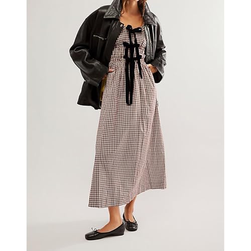 Women Plaid Long Dress Lantern Sleeve Square Neck Maxi Dress with Bow Tie Cottagecore Flowy Fall Dresses2