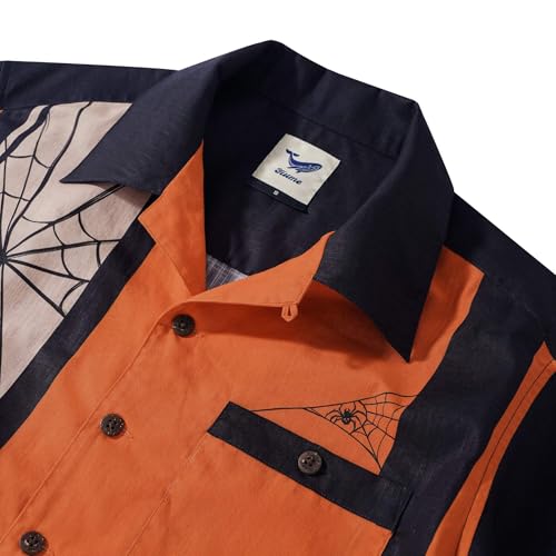 Men's Bowling Shirt Short Sleeve Halloween Hawaiian Shirt Camp Collar 100% Cotton Spider Pumpkin Lantern Shirt3