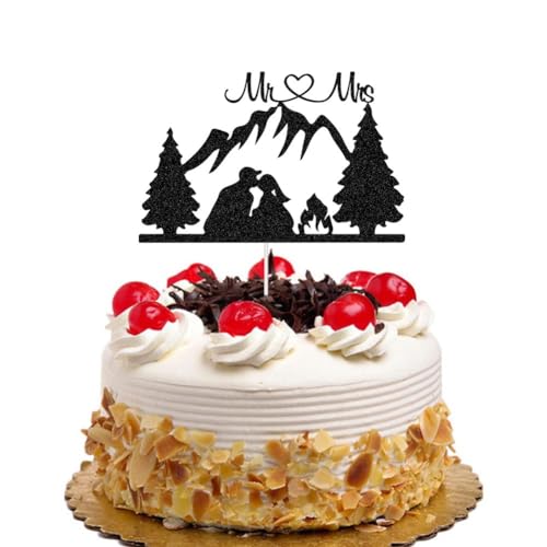 Mountain Wedding Cake Topper - Outdoors Romantic Hiking Mr & Mrs Cake Decor, Groom Kissing Bride, Forest Theme Wedding Party Decorations Black Glitter