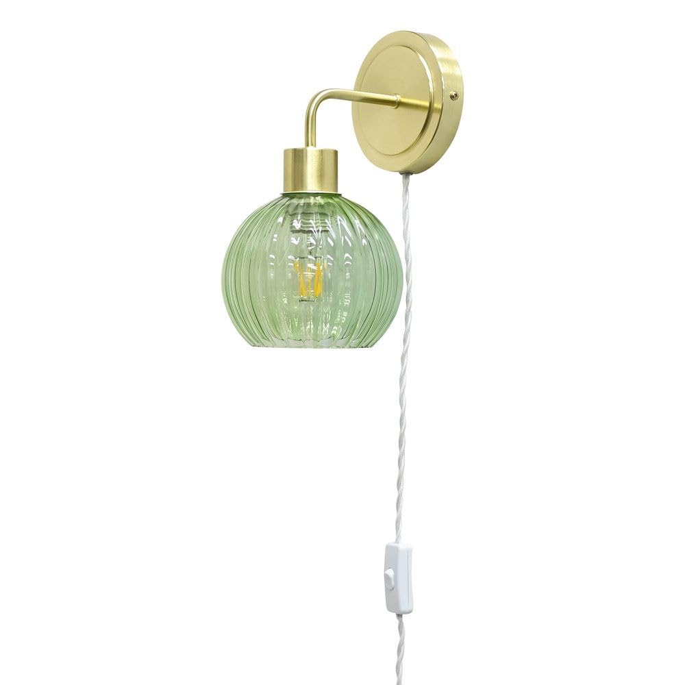 Firstchoicelighting Satin Brass & Green Satin Brass Plug In Wall Light Or Bedside Reading Lamp With Green Ribbed Glass Shade