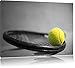 Produktbild Tennisball liegt auf Schläger schwarz/weiß Format: 100x70 auf Leinwand, XXL riesige Bilder fertig gerahmt mit Keilrahmen, Kunstdruck auf Wandbild mit Rahmen, günstiger als Gemälde oder Ölbild, kein Poster oder Plakat