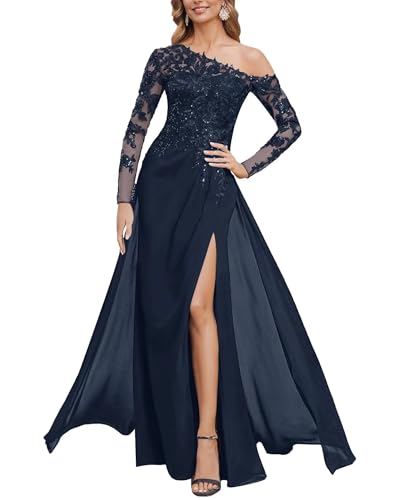 One Shoulder Mother of The Bride Dresses for Women Sequin Lace Chiffon Long Formal Wedding Guest Dress with Slit
