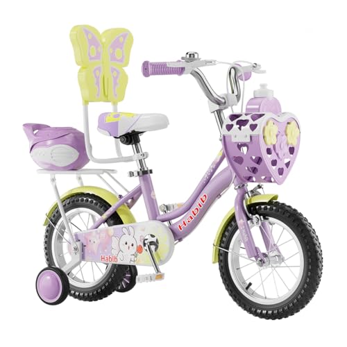 Habib - Bicicleta infantil de princesa de 12, 14 y 16 pulgadas, juego completo con cesta, juego de protección y bomba, botella, bicicleta infantil con ruedas estabilizadoras y sistema de frenado dual