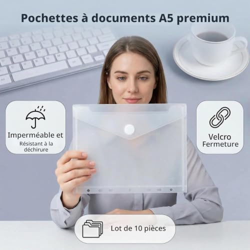 Pochette Plastique A5 Transparente, Lot de 10 Porte-Documents Classeur avec Bouton Imperméable pour Voyage Famille Bureau (23x18cm, 7 Perforée) – vue 2
