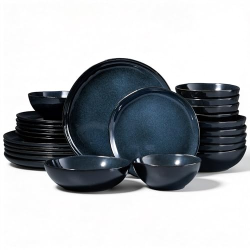 Image of Onader 24 Piece Reactive Glaze Dinner Set for 6 People, Galaxy Blue