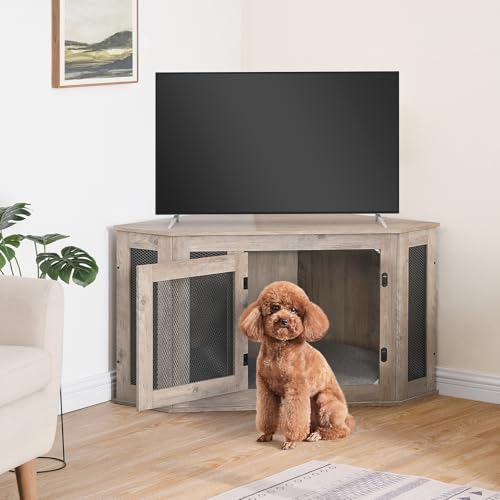 MAHANCRIS Corner Dog Crate Furniture, Wooden Dog Kennel End Table, Decorative Pet Crate Indoor Use, Furniture Style Dog House for Small Medium Dog, Dog Cage TV Stand, Greige and Black DCHG0801