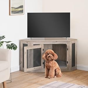 Corner Dog Crate Furniture, Wooden Dog Kennel End Table, Decorative Pet Crate Indoor Use, Furniture Style Dog House for Small Medium Dog, Dog Cage TV Stand, Greige and Black DCHG0801