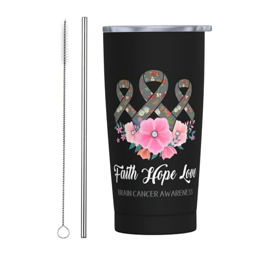 Faith Hope Love Brain Cancer Awareness Edelstahl Skinny Tumbler Reisebecher 20 Oz Doppelwandiger schlanker isolierter Kaffeebecher mit spritzwassergeschütztem Deckel & Strohhalm & Reinigungsbürste fü