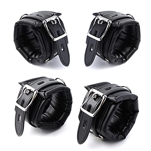 Image of Padded Faux Leather Sex Cuffs, BDSM Bondage Restraints Toys Bondage Handcuffs and Ankle Cuffs for Sex (Handcuffs and Ankle Cuffs Set, Black)