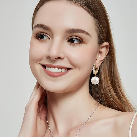 AiliFe Pearl Drop Dangle Earrings, 5A+ Cubic Zirconia Pearl Hoop Earrings - Hypoallergenic Jewelry Gift for Ladies - Image 3