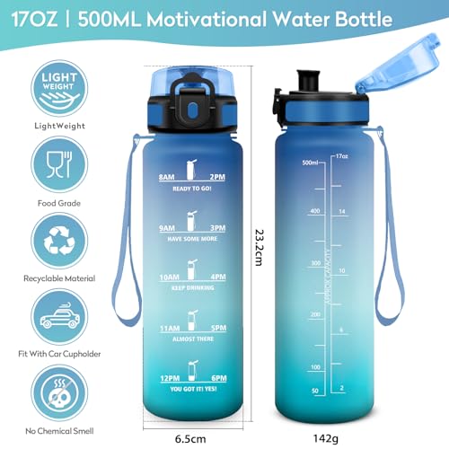 Trinkflasche 500ml, BPA-frei, Wasserflasche mit Filter und Zeitmarkierung, Auslaufsicher, Trinkflasche Kohlensäure Geeignet, Wasserflasche für Kinder, Gym, Camping, Wandern, Fahrrad, Yoga, Sport