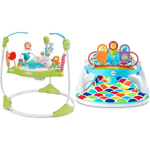 Image of Fisher-Price Baby Bouncer Fitness Fun Folding Jumperoo Activity Center with Lights Music and Gym Themed Toys, Folds for Storage & Deluxe Sit-Me-Up Floor Seat with Toy Tray, Multicolor, 2 Count