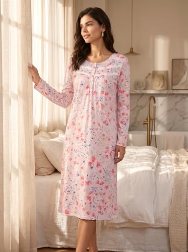Image of IZZY + TOBY Nightgowns for Women Long Sleeve Soft Cotton Long Warm Nightdress Kintted Night Gown