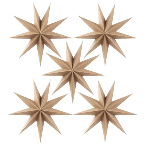 5 Pieces 3D 12" Large Paper Star Brown 9 Pointed Hanging Star for Christmas Weddings Holiday Decor,Birthday Party Celebration & Home Decoration