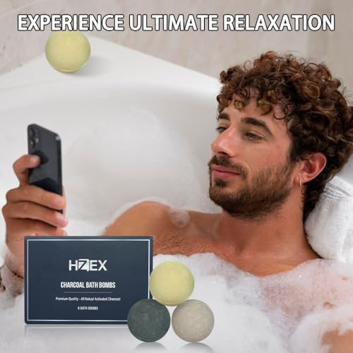 HZEX Charcoal Activated Bath Bombs for Men – Detox with Handmade Organic 6 Pack Bath Bomb Set, up to 3 Scents (Sandalwood, Bergamot, Ocean), Individually Wrapped (Mixed)