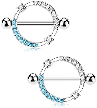 Melighting 14G Nipple Rings Shiny Stainless Steel 316L Clear Blue CZ Dainty Round Nipple Barbell Nipple Bars Body Piercing Jewelry for Women