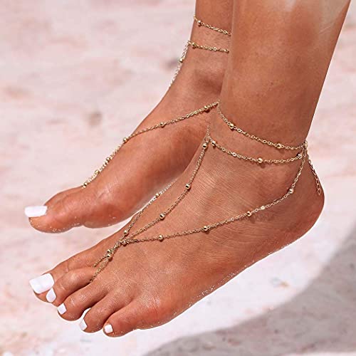 Aularso 2Pcs Layered Anklet Bead Barefoot Sandals Ankle Bracelets Ring Foot Chain Jewelry For Women And Girls (Gold) #TOP4