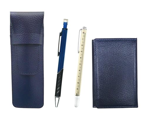 牛革青ペンケースと名刺入れ スライドメジャー指示棒とメタルカラーシャープペン 青 SASL-MEIL-708W-SI2067SP-L
