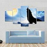 5 Piezas De Lienzo Impreso En Hd, Arte De Pared, Impresiones En Lienzo Para Sala De Estar, Decoración Moderna, Impresiones En Lienzo Lobo Aullando A La Luz De La Luna Con Marco 150 X 80 Cm A -2Y4T-I8