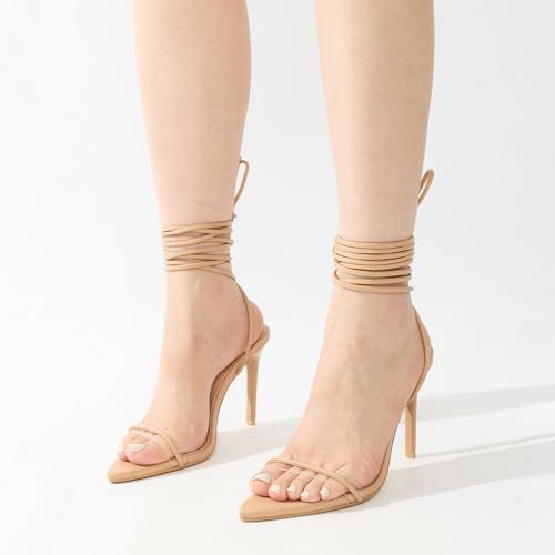 Image of Cape Robbin Women's Lace Up Stiletto Heel Sandals - Pointed Open Toe Clear Strap Ankle Wrap Tie Up High Heels (Moroni)