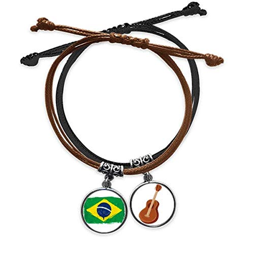 Pulsera de Brasil de cuerda ajustable con colgante de guitarra y cuero negro