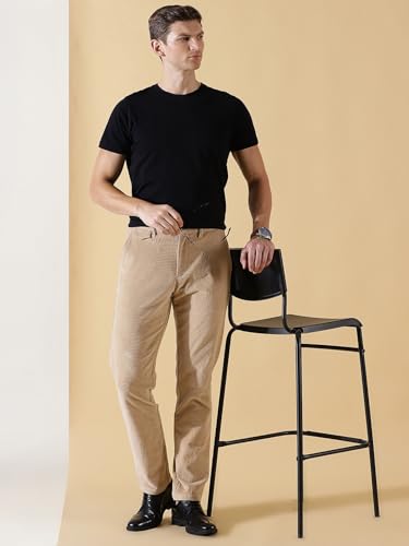 Image of Thomas Scott Men Beige Smart Slim Fit Easy Wash Corduroy Cotton Chinos (Size: 40)